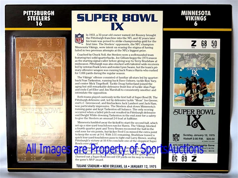 SUPER BOWL 9 PITTSBURGH STEELERS / VIKINGS Willabee Ward 22KT GOLD TICKET  SB IX Cover