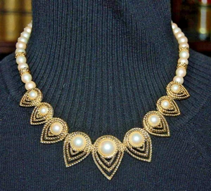 ELEGANT VTG 80 TRIFARI FAUX ACRYLIC PEARLS GOLDEN BYZANTINE STYLE CHOKE NECKLACE - Picture 1 of 12