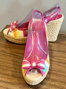 Coach ‘Grace’ Rainbow Striped Peep Toe Slingback Bow Espadrille Wedges, Size 11 - Picture 1 of 9