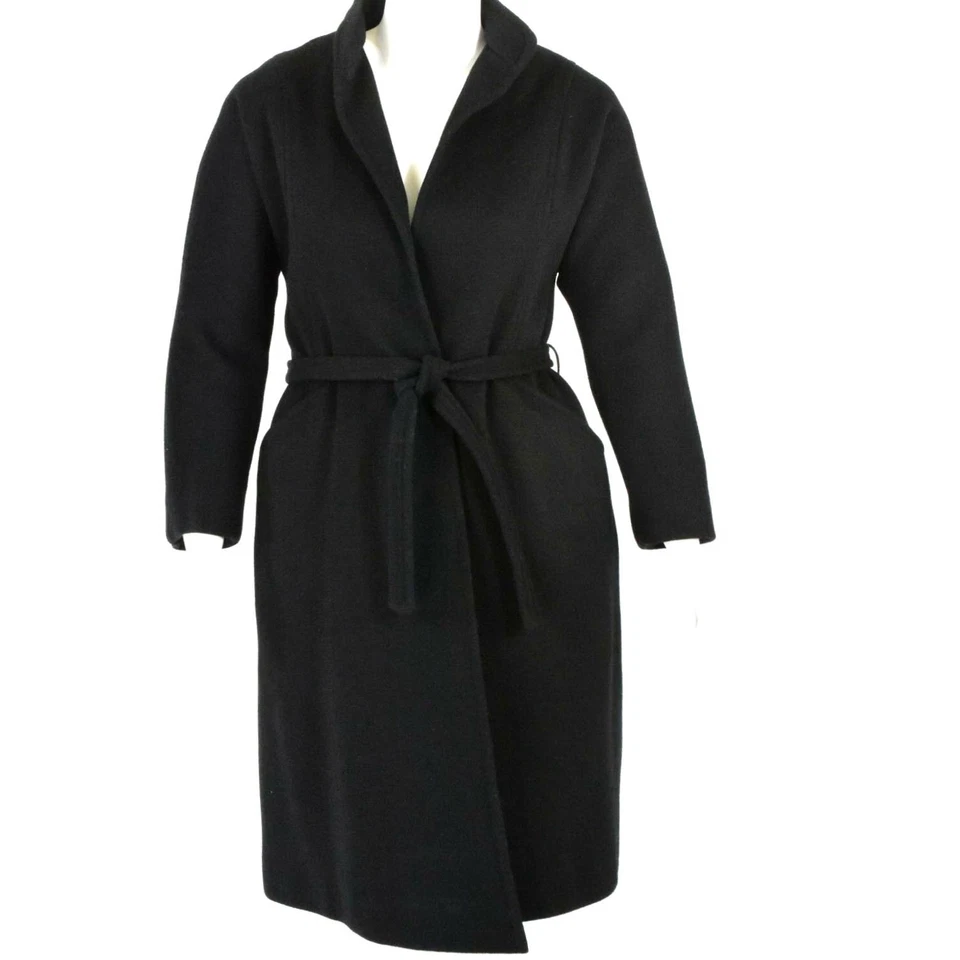 70s Vintage Melton Wool Wrap Coat Womens M Long Black Belted Overcoat Silk Lined - Image 1 of 4