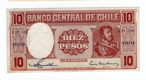 Chile 1958/59 10 pesos 1 Cóndor Manuel Bulnes Maschke Mackenna UNC - Imagen 1 de 2
