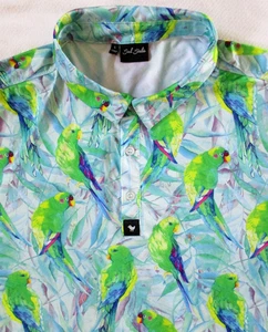 Bad Birdie Camicia Uomo L Large Pappagalli Tropicale Stampa All Over Preppy Golf Polo - Foto 1 di 11