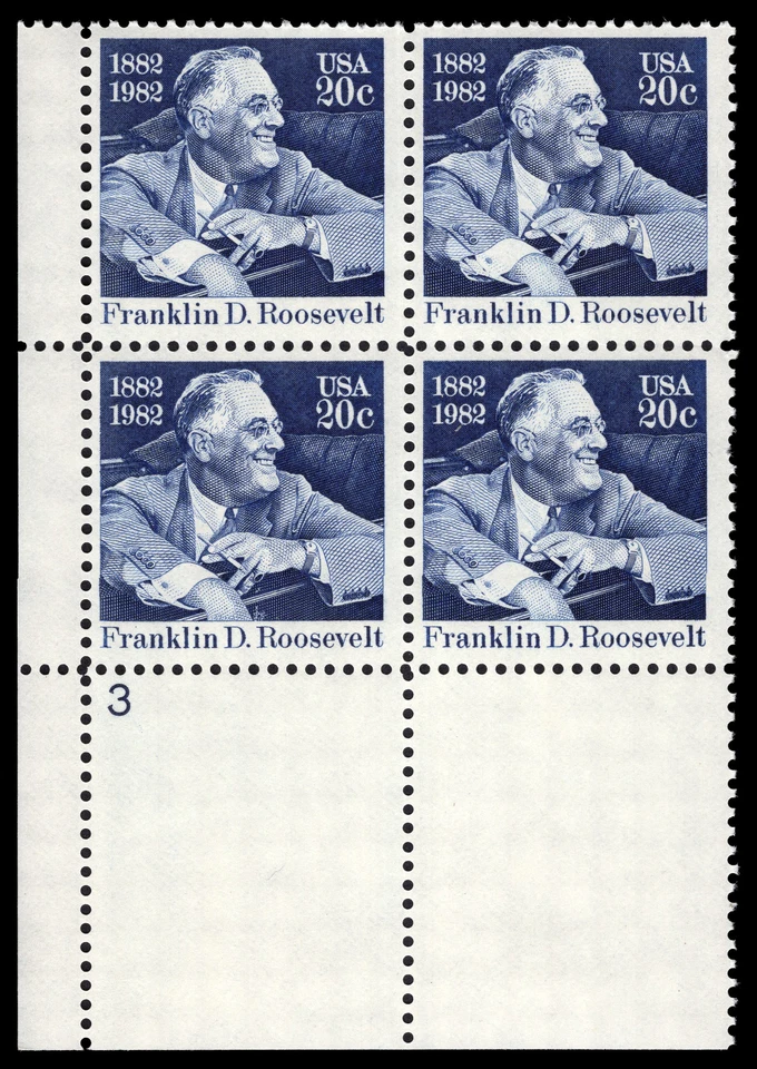 US Scott # 1950, Franklin D. Roosevelt, Plate Block of (4) 1982 20¢ Stamps, MNH - Image 1 of 1