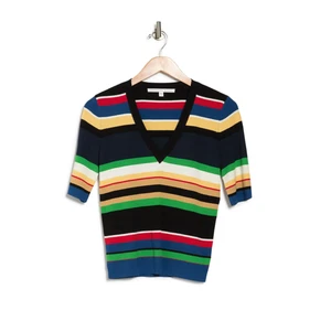 Veronica Beard Myra Stripe Short Sleeve V-Neck Sweater Sz M Retail $375 - Picture 1 of 4