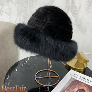 Womens Warm Elegant Real Mink Fur Hat Knitted Cap Beanie Earmuff W Fox Fur Brim