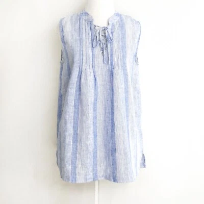 C&C California Linen Tank sz S Blue White Vertical Stripe LaceUp Pintucks - Image 1 of 4