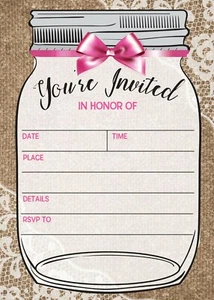Mason Jar Baby Girl Shower Invitations - 25 Invites with Envelopes - B15201 - Picture 1 of 7