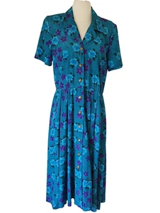 Vestido Camisa De Colección Años 80 Leslie Fay Talla 10 Turquesa Floral Plisado Secretaria Retro - Imagen 1 de 8