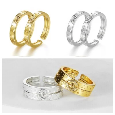 925 Placcato Argento Sole Luna 2 Pezzi Fidanzamento Ring Bling Cuore Coppia Love - Immagine 1 di 4