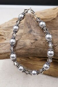 Vintage Sterling Silver With Pearls & Crystal Beads Handmade Bracelet 
