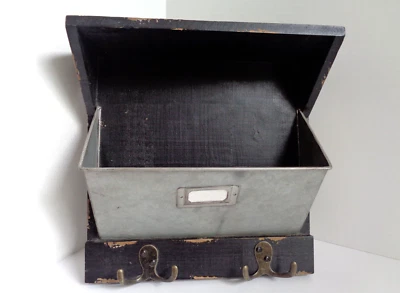 Rustic Wall Mount Decor Distressed Wood Tin Holder Mail Organizer Key Coat Hooks - Image 1 of 4
