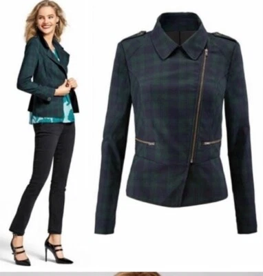 Cabi Tartan Plaid Moto Jacket Navy Blue Green #3181 Coat Size 8 M - Image 1 of 3