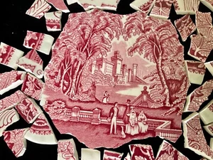 Broken China Mosaic Tiles PINK/RED Transferware 60+ Pc & FOCAL Castle Scene - Picture 1 of 8