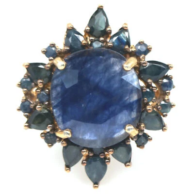 925 Sterlingsilber 18K Vergoldet 15 x 17 Mm. Blauer Saphir Ringgröße 8 - Bild 1 von 4