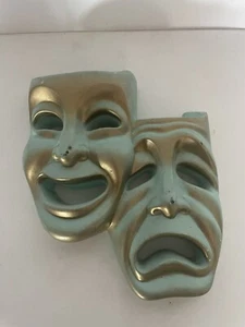 Vintage 1964 Comedy Tragedy Wall Hanging Chalkware Masks Green Brass Undertone - Picture 1 of 11