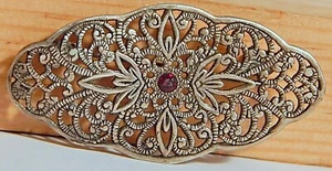 EDWARDIAN STERLING SILVER FILIGREE BAR PIN BROOCH GARNET WOW - Picture 1 of 2