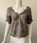 Joie Sz S Olive Brown Deep V Sheer Scalloped Eyelash Lace Top Blouse Ruched