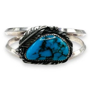 Blue Turquoise Sterling Silver 925 Navajo Cuff Bracelet Signed J - Picture 1 of 13