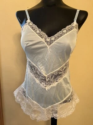 Vtg 70s 80 Blue Lace Teddy Romper Negligee Bodysuit Panties USA Sheer Lingerie S - Image 1 of 2