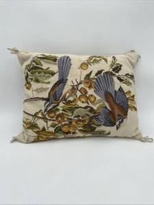 Katha Diddel Needlepoint Wool Pillow Birds Fruit Tree Blue Brown Off White 17X13 - Foto 1 di 15