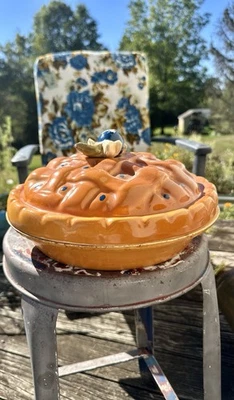 "Plato guardián de platos de cerámica vintage de 9"" con tapa AZUL ARÁNDANO hermoso" Foto 1 de 4