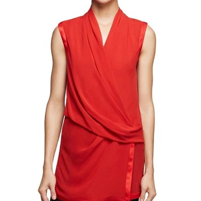 HELMUT LANG Silk Wrap Front Blouse Red Draped Sleeveless Tunic Women's L - Image 1 of 4