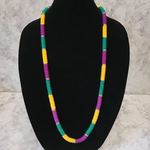 Mardi Gras Beaded Necklace Purple Green Yellow 34" Disc Beads Costume Jewelry - Picture 1 of 2