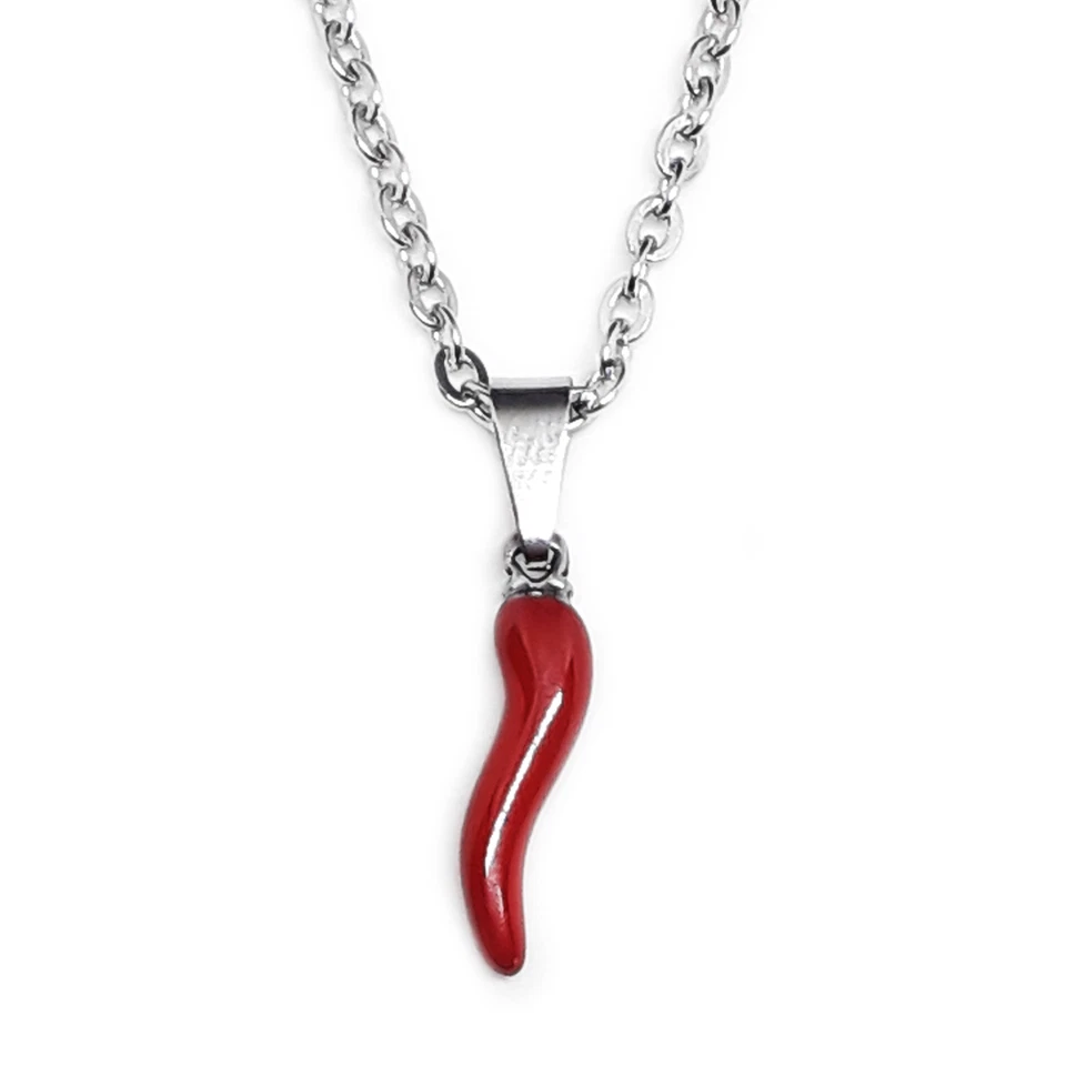 Collana con Cornetto Rosso corno Portafortuna in Acciaio inox Argento Uomo Donna - Immagine 1 di 4