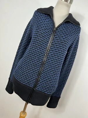 Chaqueta Cárdigan Vince XS Azul Negro Lana Cuero Alpaca Borde Bolsillos con Cremallera R6 Foto 1 de 4