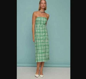 Abito midi donna nuovo L Maeve x Anthropologie senza spalline con cintura verde a quadri - Foto 1 di 13