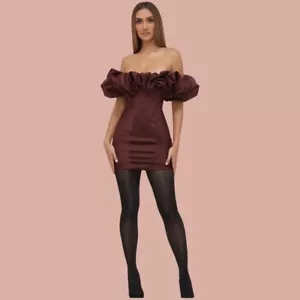 House Of CB Selena Raisin Satin Ruffle Strapless Mini Dress-Size XS NEW - Picture 1 of 11