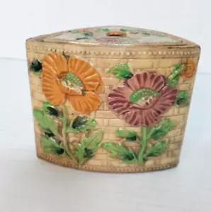 Cesto triangolare ceramica maiolica giapponese vintage intreccio fiori biscotti contenitore + coperchio - Foto 1 di 14