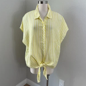 Talbots Woman Plus 2X 100% Linen Tie Hem Button Front Top Yellow Seashore Stripe - Picture 1 of 12