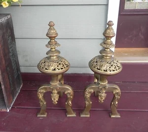 Andirons - Brass Fireplace Decor - Filigree Urn Style w/Lion & Cherub Face - Picture 1 of 7