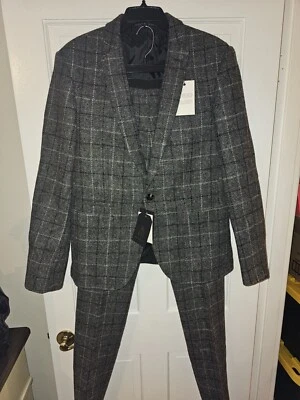 NWT Harris Tweed X Asos 42R 32x34 1 Button Blazer Wool Suit Heavy Gray Plaid - Imagem 1 de 4