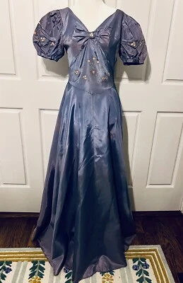 Vintage 1930's Lavender Hand Painted Full Length Puff Sleeve Formal Gown Dress S - Image 1 of 4