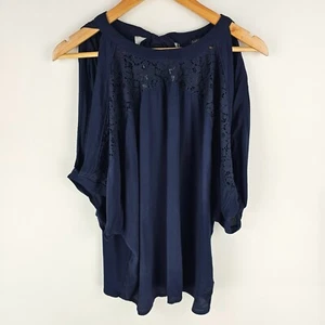 Just Jeans Top Womens S Navy Short Sleeve Cold Shoulder Lace Panel Back Neck Tie - Picture 1 of 7