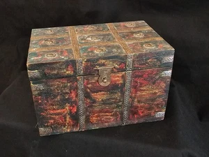 Hand-Painted Rustic Wooden Jewelry Chest - Distressed Treasure Trinket Box - Picture 1 of 9