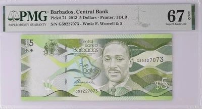 Barbados 5 Dollars 2013 P 74 a Superb Gem UNC PMG 67 EPQ - Image 1 of 3