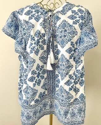 Blusa Camisa Top Tejida Boho Campesina Marca Lucky Boho Azul Blanco Elegante Talla XL Foto 1 de 4