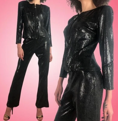 Pantalones Vintage Janine Reptile Lentejuelas Vintage Traje Negro Talla M Foto 1 de 4