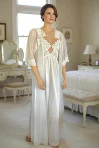 Damen Vintage weiß Nylon Peignoir Set volle Länge Kleid und Morgenmantel JC PENNY Large - Bild 1 von 4