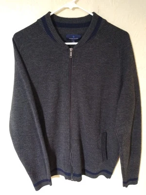 Toscano Full Zip Merino Wool Sweater Men's Large Gray Knit Cardigan Blue  - Image 1 of 4