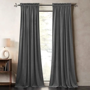 Blackout Grey Velvet Curtains 96 inches for Bedroom - Thermal Rod Pocket Blac... - Picture 1 of 9
