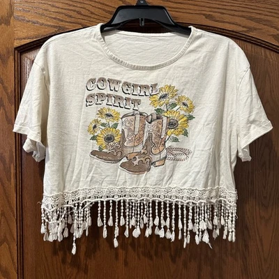 Camiseta Cowgirl Spirit Crema Flecos Girasol Gráfico Occidental Camiseta Para Mujer Foto 1 de 3