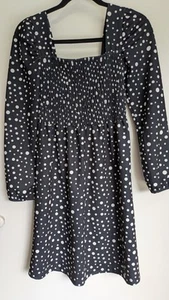 Urban Ladies Dress Sz 6 Black White Polka Dot Shirred Bodice Long Sleeve Stretch - Picture 1 of 12