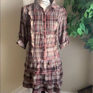 Bailey Blue Cotton Plaid Ruffled Flannel Mini Dress Brown Sz L - Picture 1 of 12