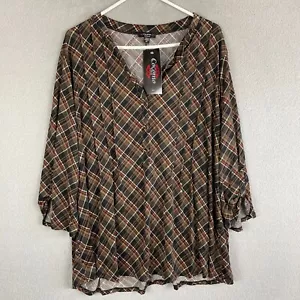 Cocomo Top Womens Plus 3X Black Brown 3/4 Sleeve Blouse Stretch V Neck NWT - Picture 1 of 11