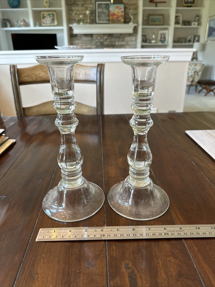 Clear Glass Candlestick Pair Classic Design for Pillar or Taper 10” - Image 1 of 4