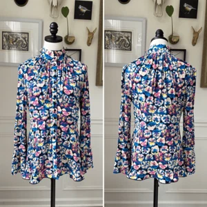 Paco Rabanne Floral Pansy Button Up Mock Neck Peplum Blouse $800 40 8 - Picture 1 of 11